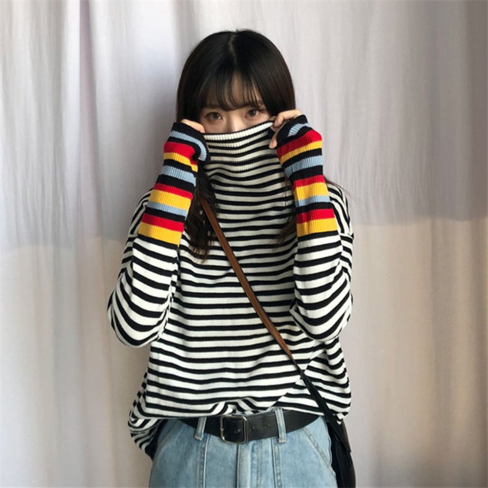 Black and White Turtleneck Stripe Panel Long-Sleeve Knit Top